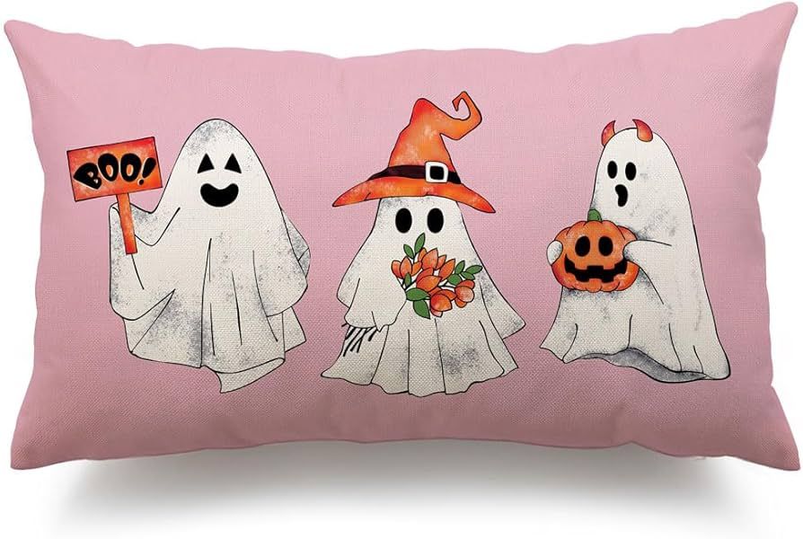 DFXSZ Halloween Pillow Case 12x20 inch Happy Halloween Ghost Pumpkin Halloween Pink Lumbar Pillow... | Amazon (US)
