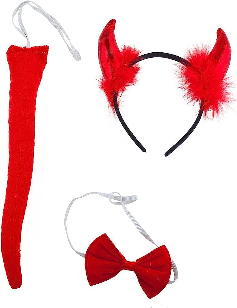 Lux Accessories Red Fluffy Devil Ears Stretch Headband Bowtie Bendable Tail Halloween Holloween C... | Amazon (US)