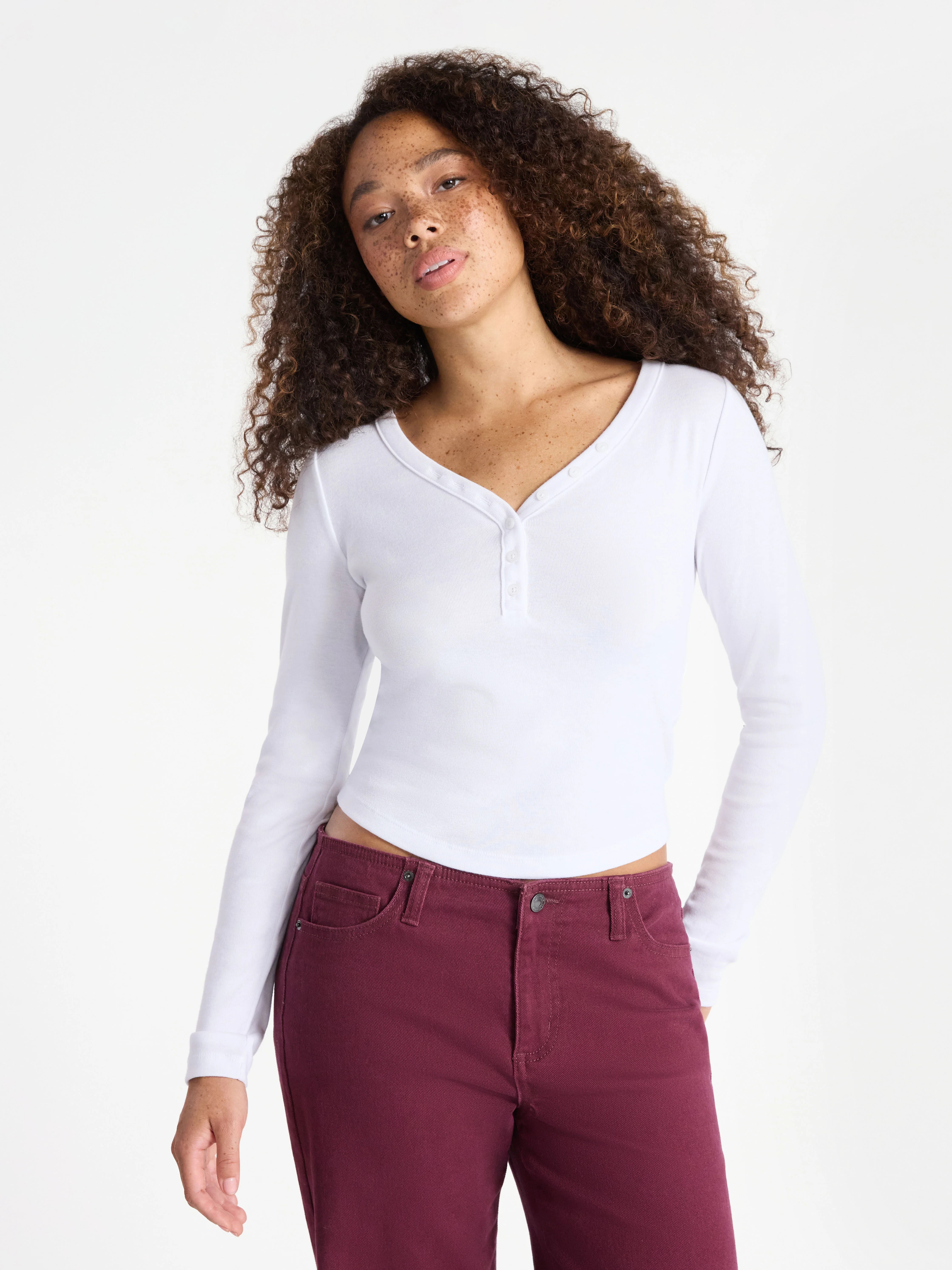 No Boundaries Henley Top with Long Sleeves, Women’s | Walmart (US)