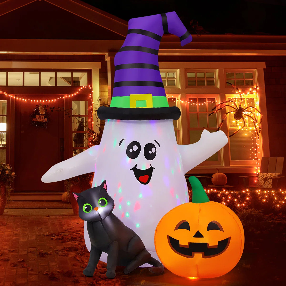 Halloween Inflatables 5 FT Inflatable Ghost with Pumpkin Black Cat Cute Blow Up Ghost with LED Li... | Wayfair North America