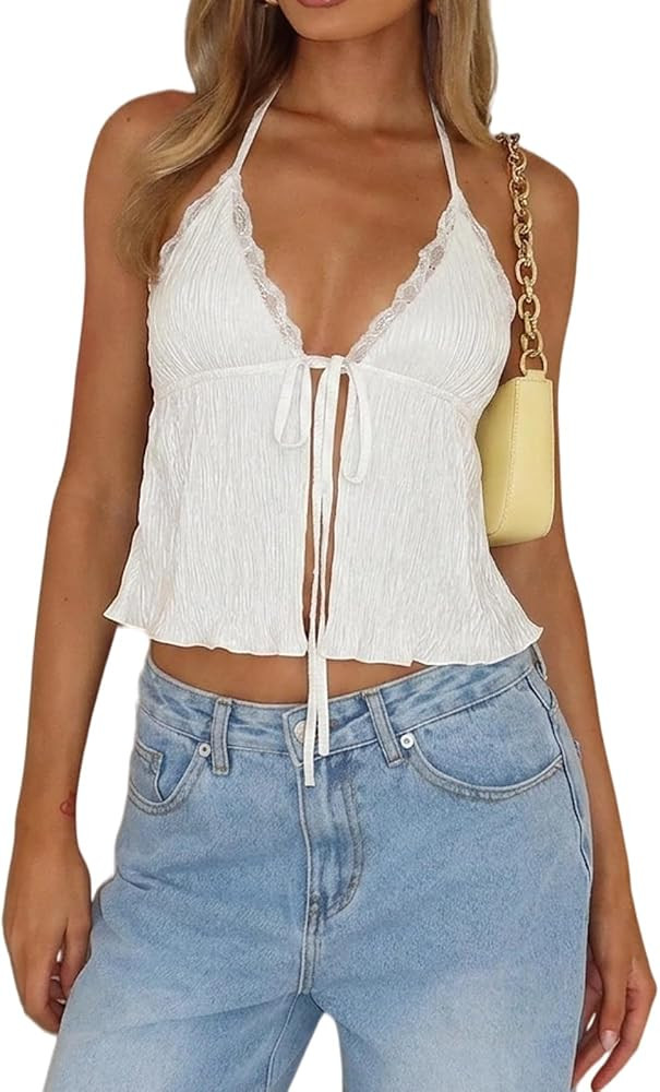 Women Tie Front Crop Top Lace Trim Halter Tank Flowy Y2k Going Out Tops Sexy Split Cami Shirt | Amazon (US)