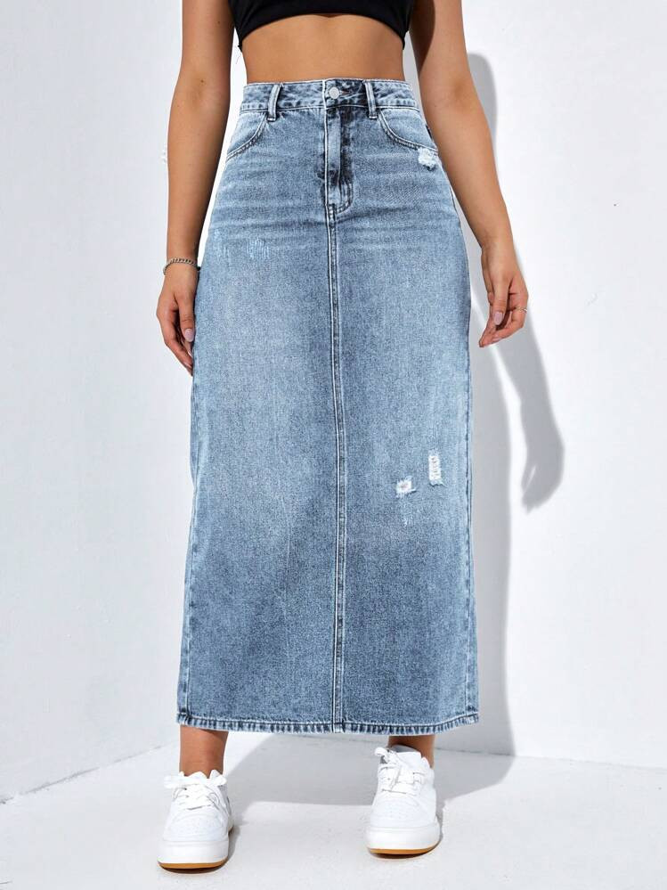 SHEIN EZwear Women Solid High Waist Ripped Denim Skirt | SHEIN