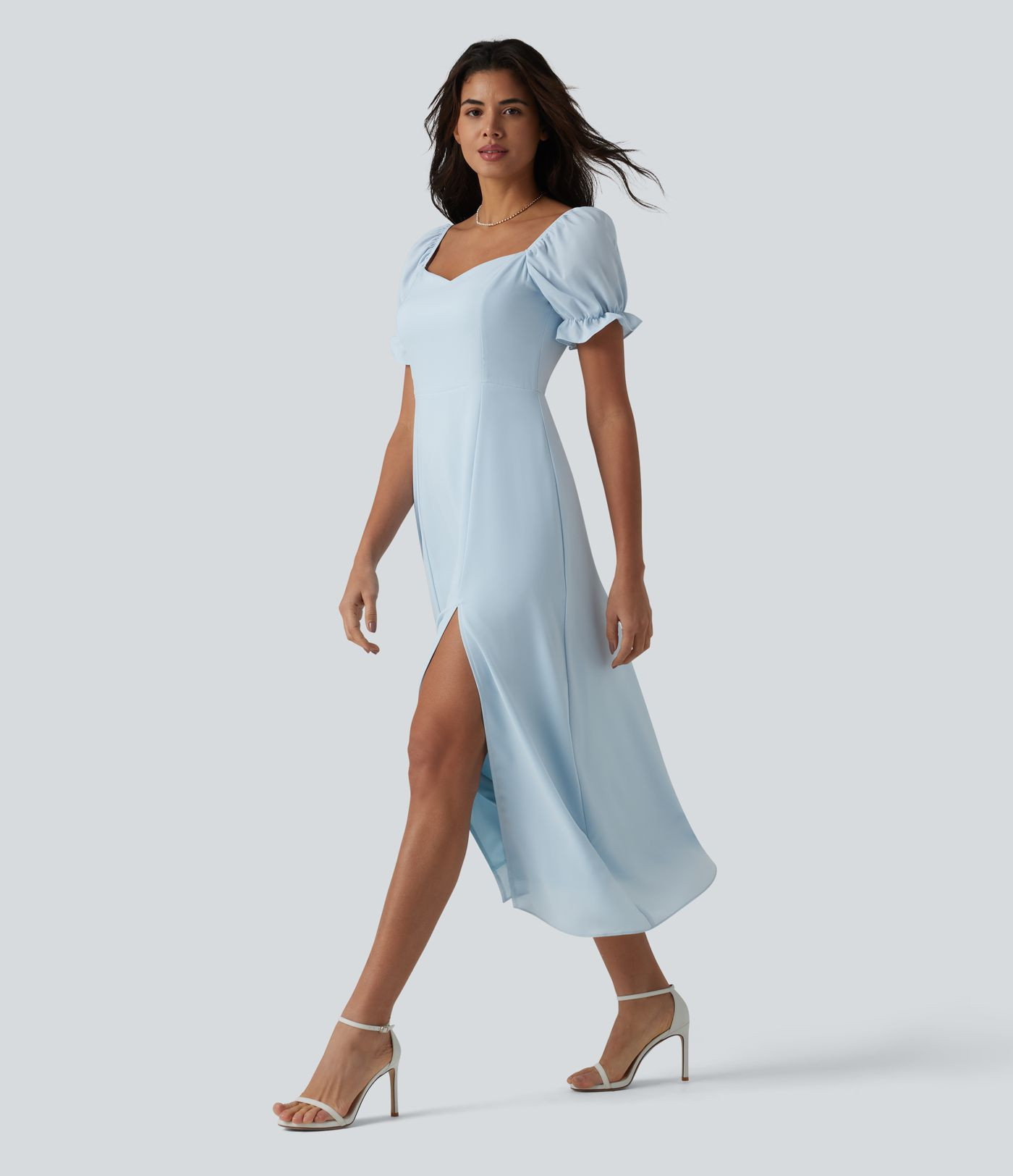 Women’s Queen Anne Neck Puff Sleeve Split Midi Chiffon Bridesmaid And Wedding Guest Dress - Hal... | HALARA