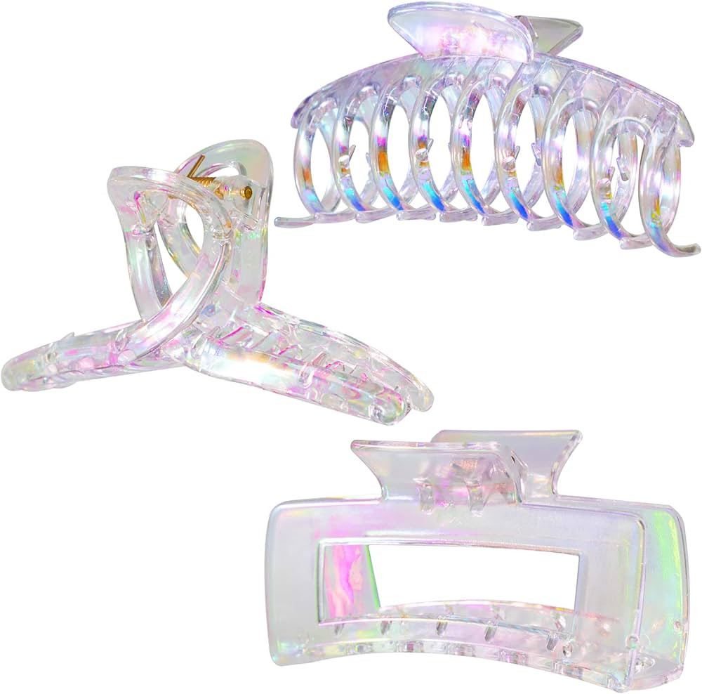 Hair Clips, Iridescent Clear Strong Jaw Claw Clips for Women Girls, Hair Accessories, 3 Pcs | Amazon (US)