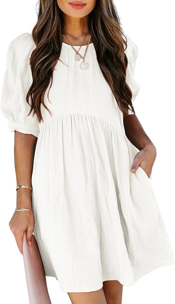 Dokotoo Womens 2025 Spring Summer Crewneck Puff Sleeve Babydoll Elegant Empire Waist Mini Swing S... | Amazon (US)