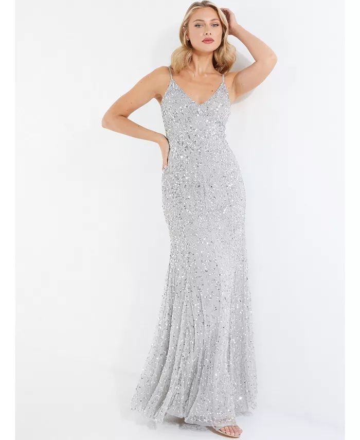 QUIZ Women's Silver Beaded Fishtail Maxi Dress - Macy's | Macy's
