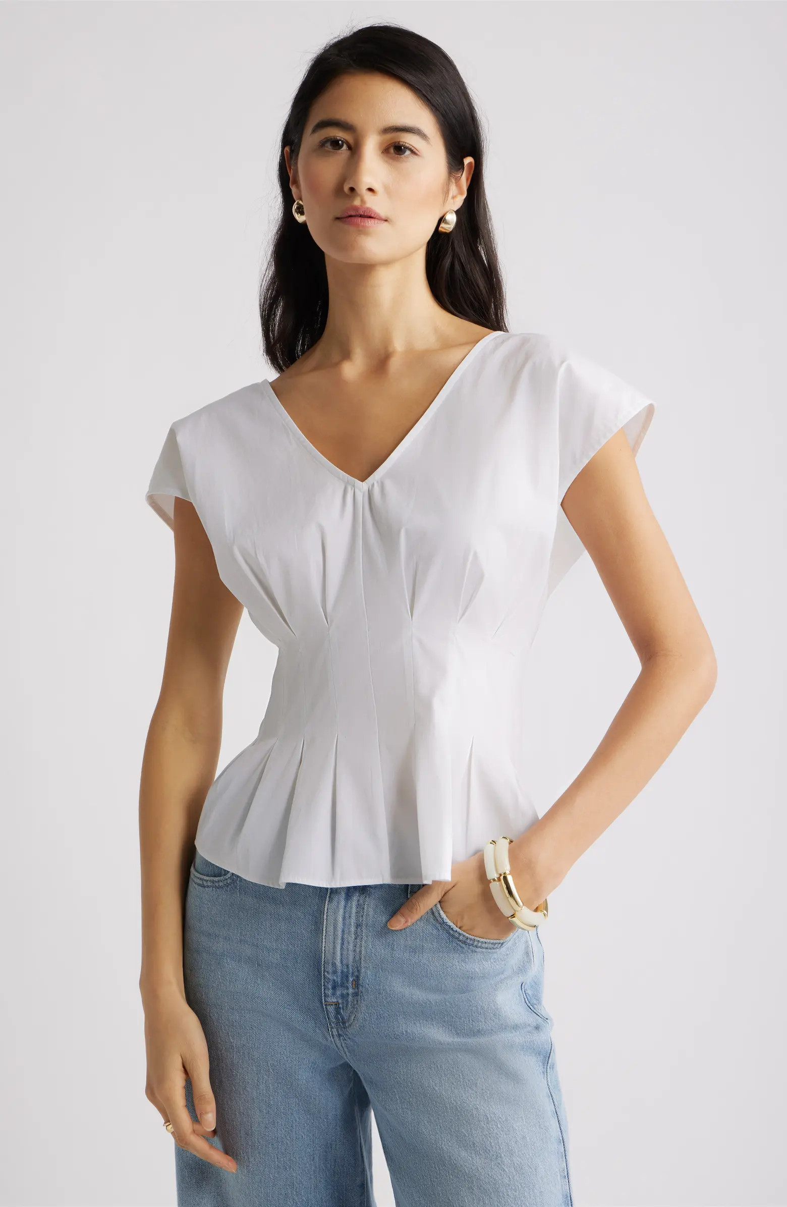Nordstrom Pleated V-Neck Poplin Top | Nordstrom | Nordstrom