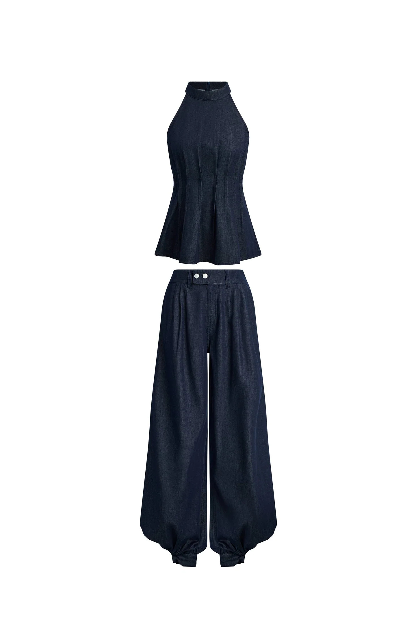 Brooke Handwork Pleats Halter Neck Top and Jeans Set in Acetate Tencel | Fabrique