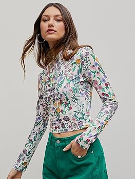 CIDER Women's Floral Knitted Long Sleeve Mock Neck Going Out Slim Fit Tops Fall Outfits Trendy Cl... | Amazon (US)