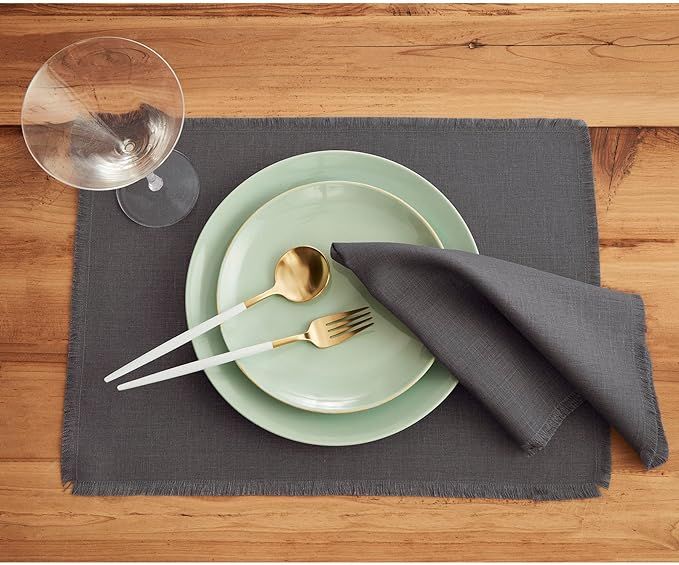 Solino Home Fringe Linen Placemats Charcoal – 100% Pure Linen Cloth Fabric Placemats Set of 4 ... | Amazon (US)