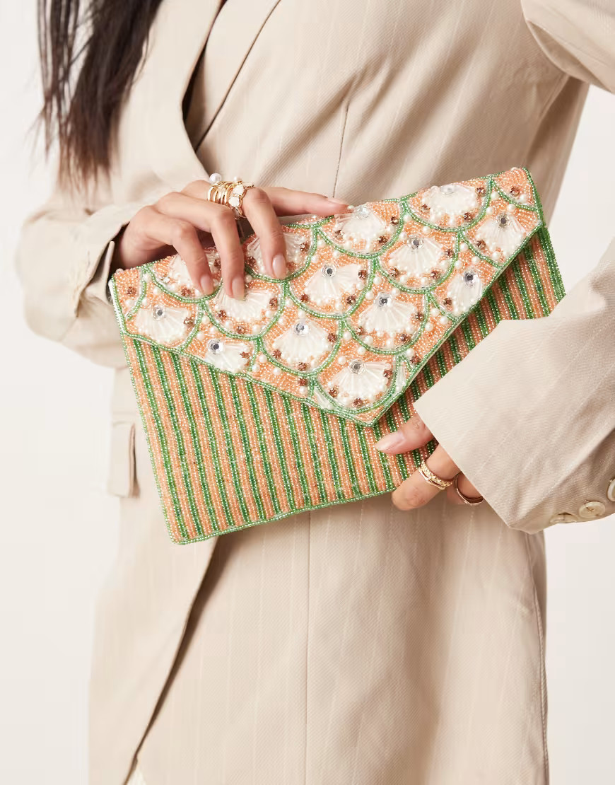 True Decadence floral beaded envelope clutch bag in pink and green-Multi | ASOS (Global)
