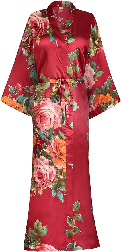 goodmansam Women's Long Floral Satin Kimono Robes Bridal Dressing Gown Wedding Bridesmaid Nightgo... | Amazon (US)