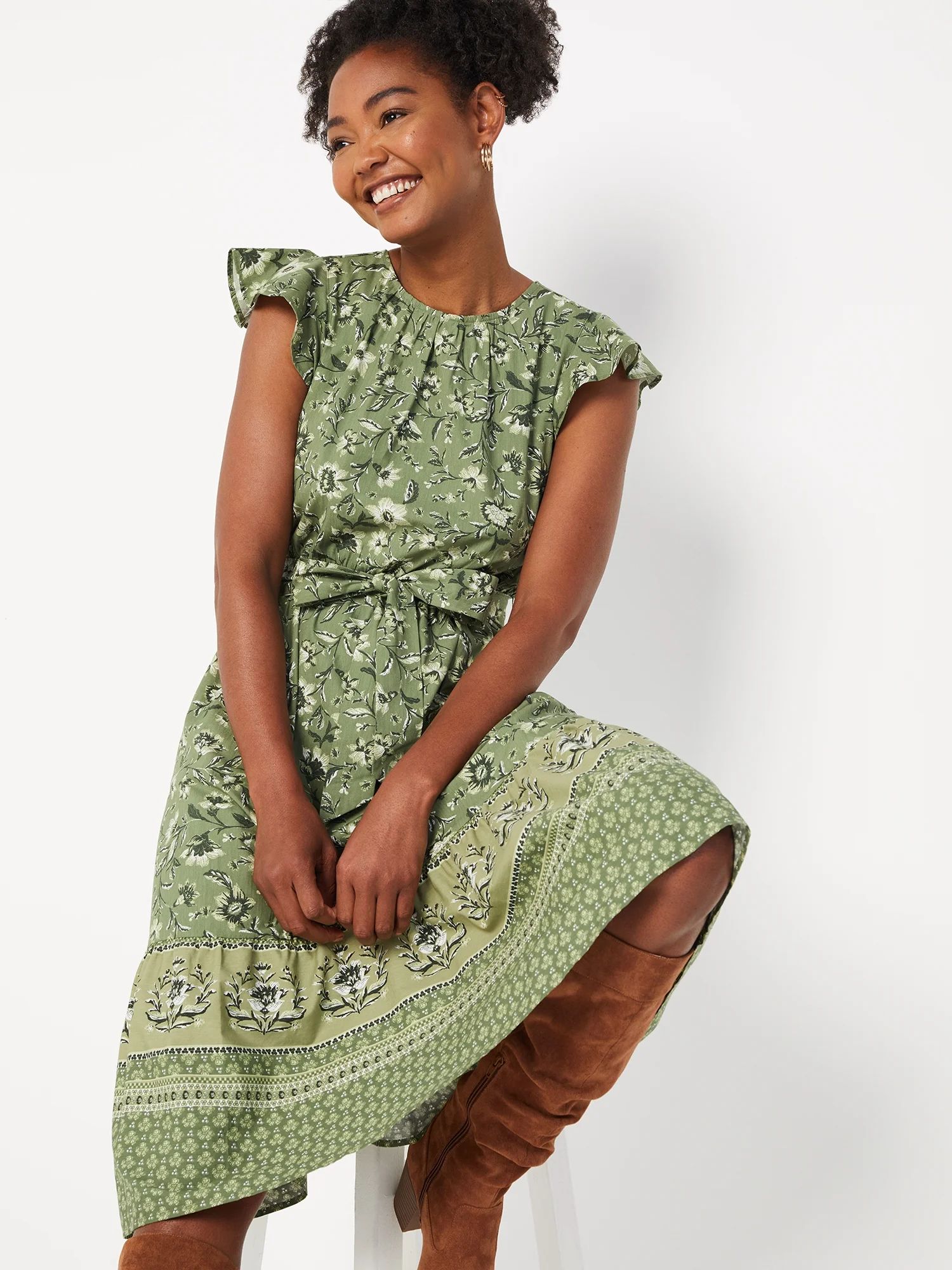 Time and Tru Women's Printed Midi Dress with Flutter Sleeves - Walmart.com | Walmart (US)