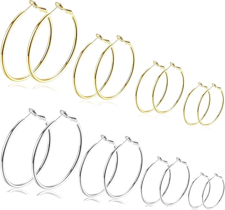 Silver Gold Hoop Earrings for Women,Thin 14K Gold Hoops Set with Hypoallergenic 925 Sterling Silv... | Amazon (US)