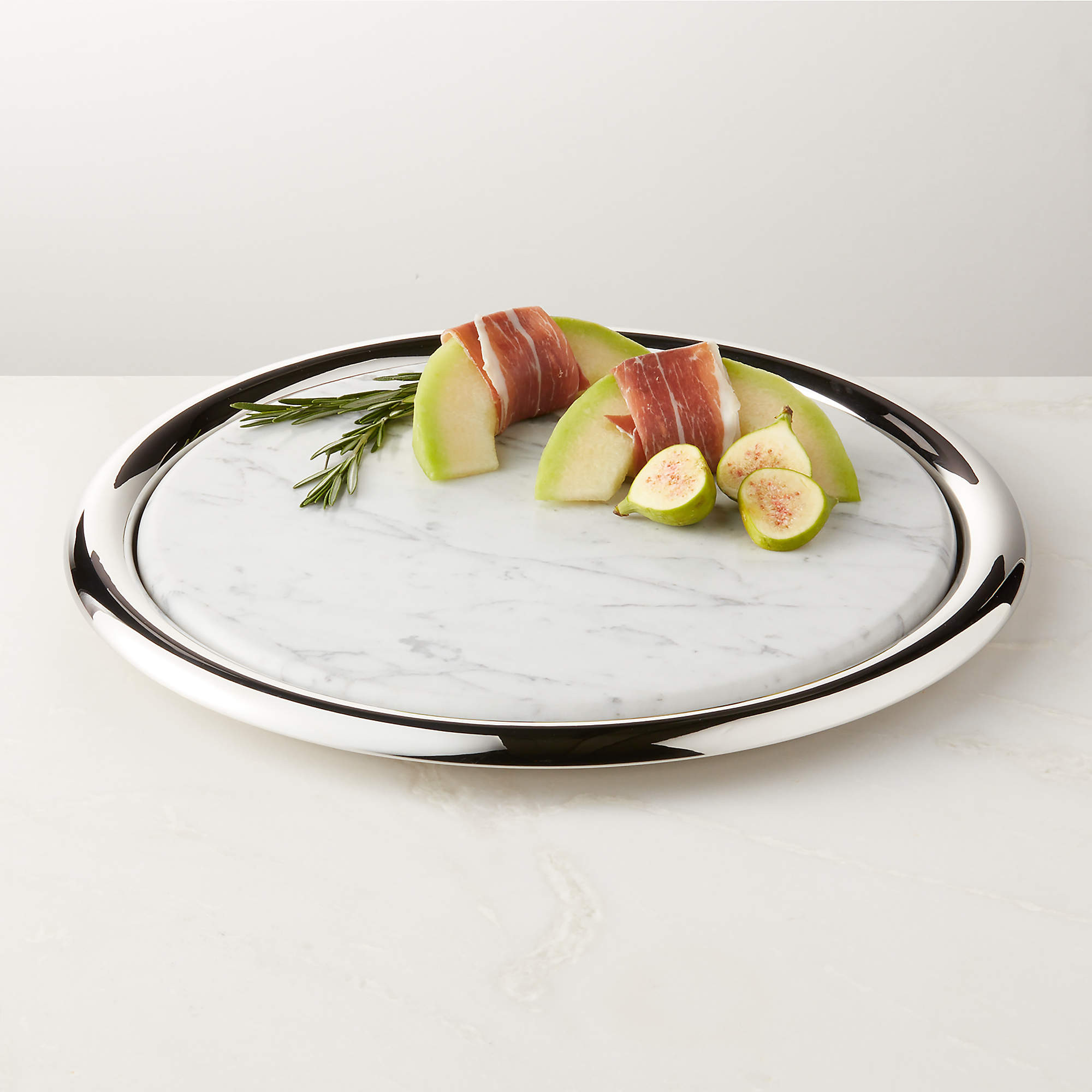 Piero Round Stainless Steel and Marble Serving Tray Set by Gianfranco Frattini + Reviews | CB2 | CB2