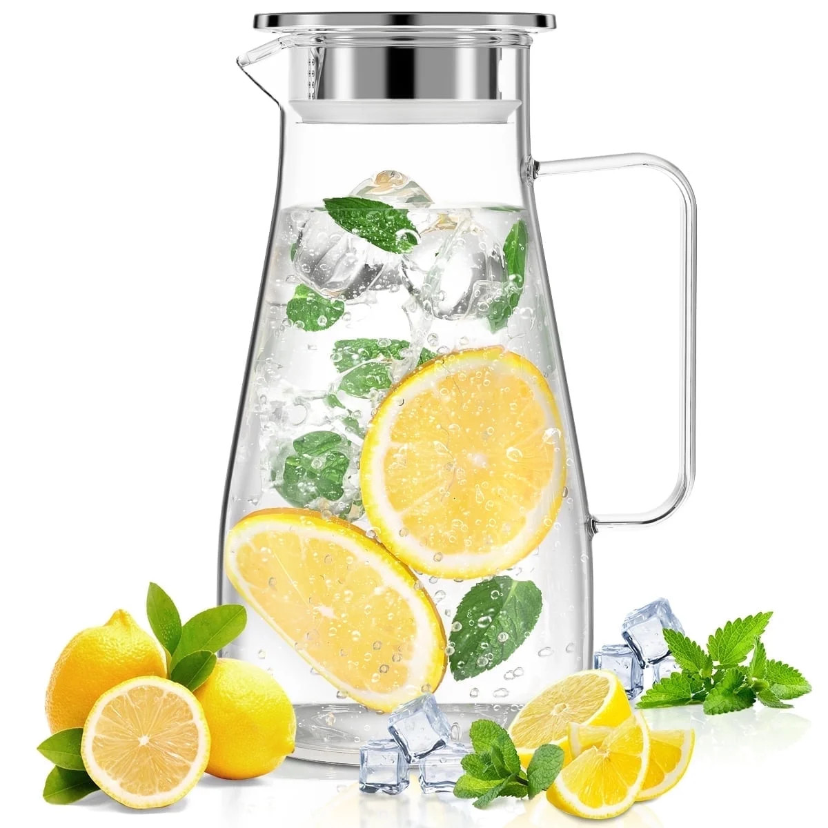 64 oz Water Pitcher with Lid and Spout, 1.8L Heat & Cold Resistant Glass Water Carafe with Handle... | Walmart (US)