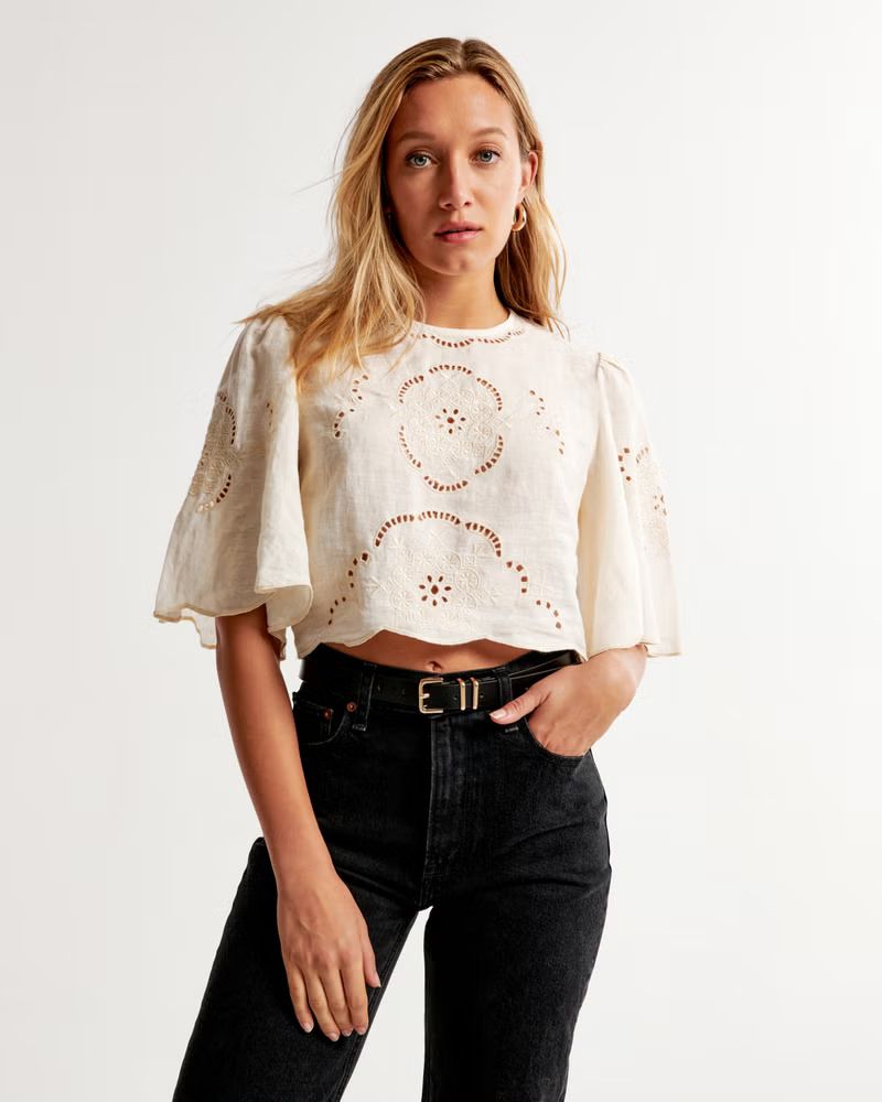 Angel Sleeve Linen Cutwork Crew Top | Abercrombie & Fitch (US)