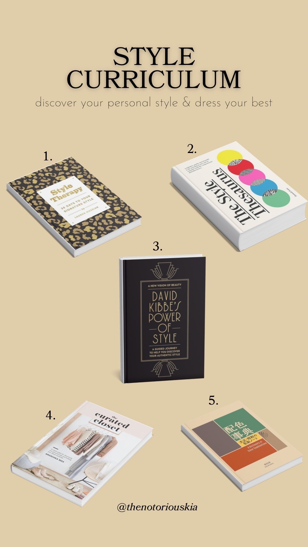 Here is my Style Curriculum to help you discover your personal style and dress your best.

1.	Style Therapy: Lauren Messiah
2.	The Style Thesaurus: Hannah Kane
3.	David Kibbe’s Power of Style: David Kibbe
4.	The Curated Closet: Anuschka Rees
5.	A Dictionary of Color Combinations: Sanzo Wada

#personalstyle #books #stylebooks

#LTKHome #LTKGiftGuide