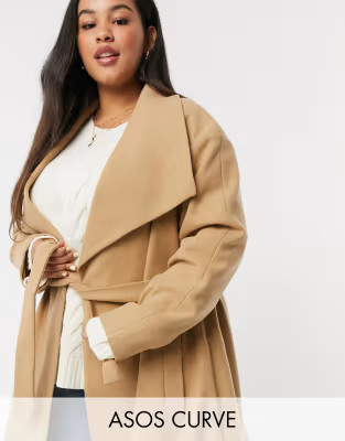 ASOS DESIGN Curve longline belted skater coat in camel | ASOS (Global)