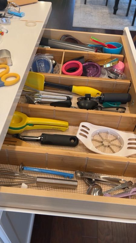 Kitchen organization! This drawer is SO much better with these spring drawer dividers. I also added a liner to help keep the bottom clean. 

Amazon find | kitchen | kitchen gadgets | bamboo | kitchen decor | home decor | grandmillenial | coastal grandmother | preppy | classic | refresh | new arrivals | trendy 

#LTKFind #LTKfamily #LTKhome