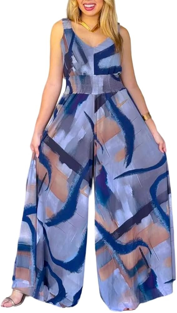 CHICME Women’s Abstract Print V Neck Jumpsuit Wide Leg High Cinched Waist Backless Sleeveless C... | Amazon (US)