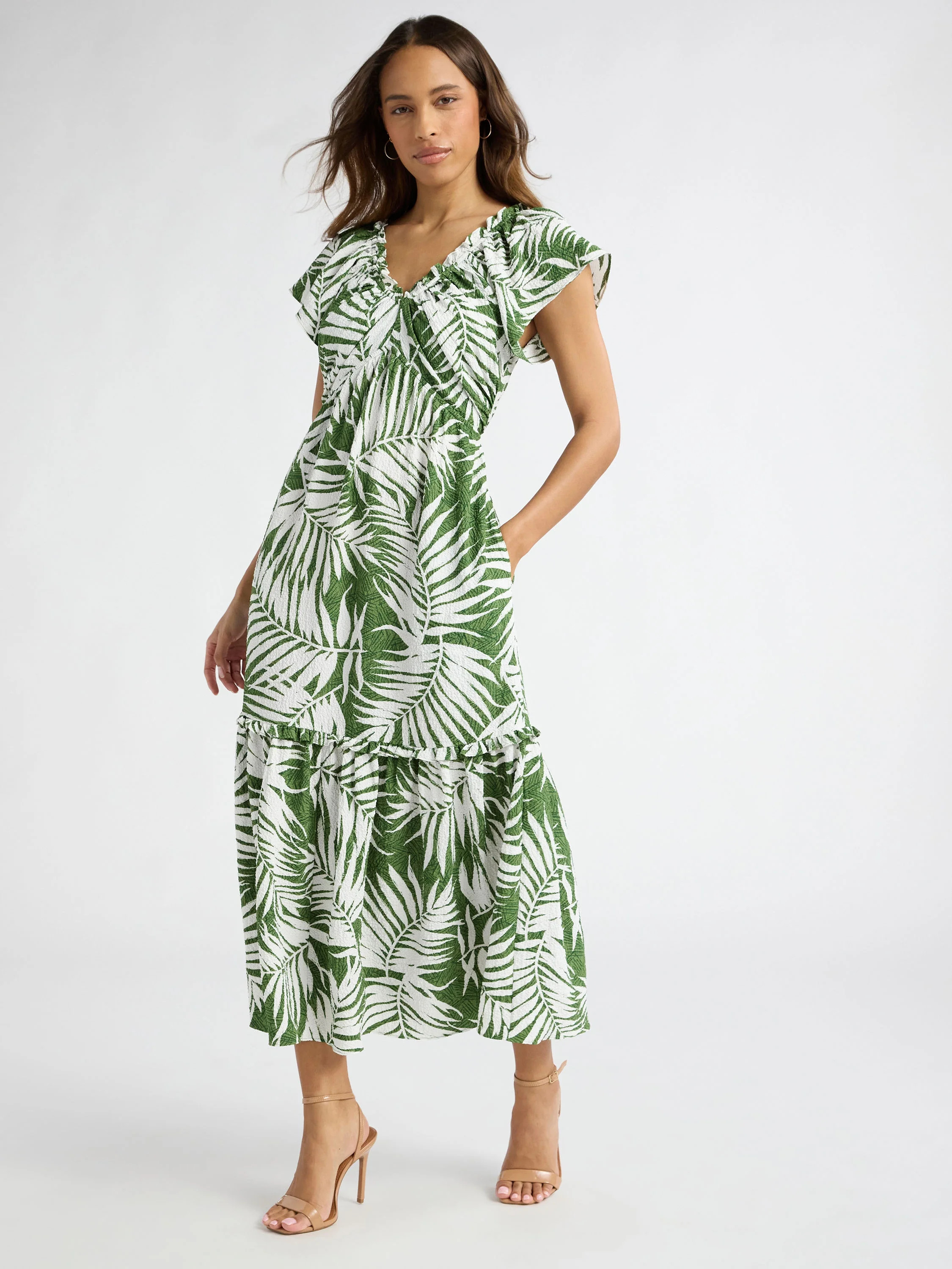 Sofia Jeans Women's and Women's Plus V Neck Dress with Flutter Sleeves, Below Calf Length, Sizes ... | Walmart (US)