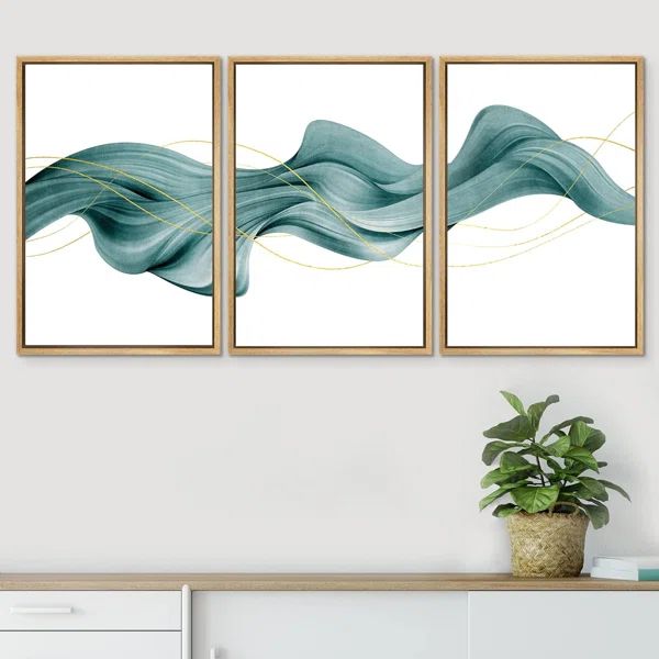 " IDEA4WALL Framed Canvas Print Wall Art Set Futuristic Teal Geometric Smoke Wave Abstract Shapes... | Wayfair North America