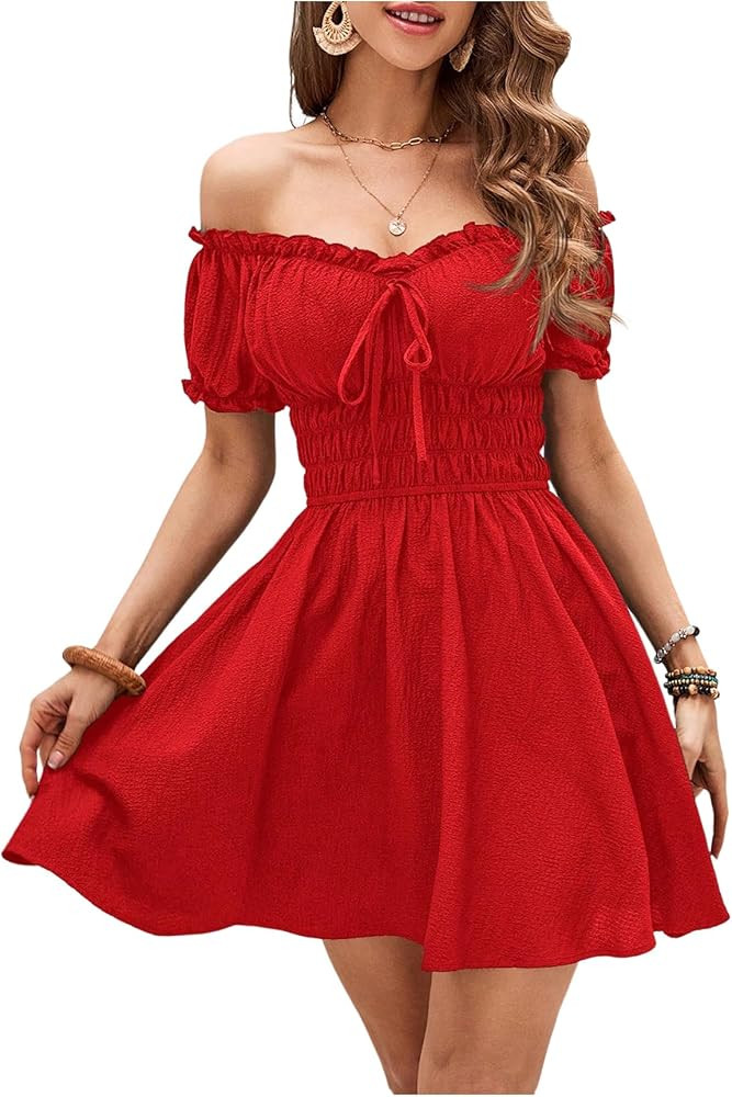 Floerns Women's Off Shoulder Puff Sleeve A Line Dresses Frill Trim Milkmaid Dress | Amazon (US)