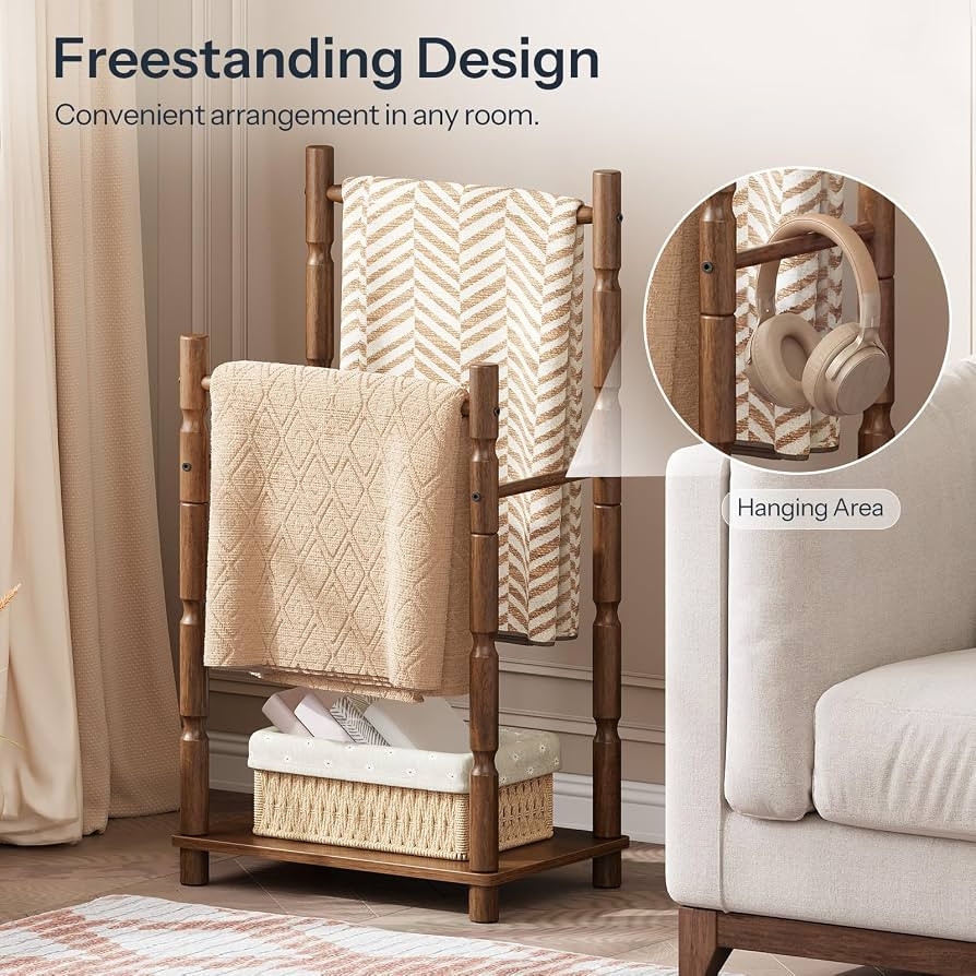 HOOBRO 2-Tier Freestanding Towel Rack Stand with Wood Legs and Towel Bars | Amazon (US)