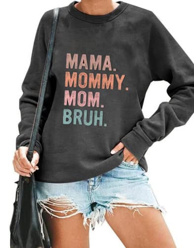 KUEDFEU Mama Mommy Mom Bruh Sweatshirts for Women Funny Mom Life Sweatshirts Casual Letter Print Long Sleeve Pullover TopsGreyS | Amazon (US)