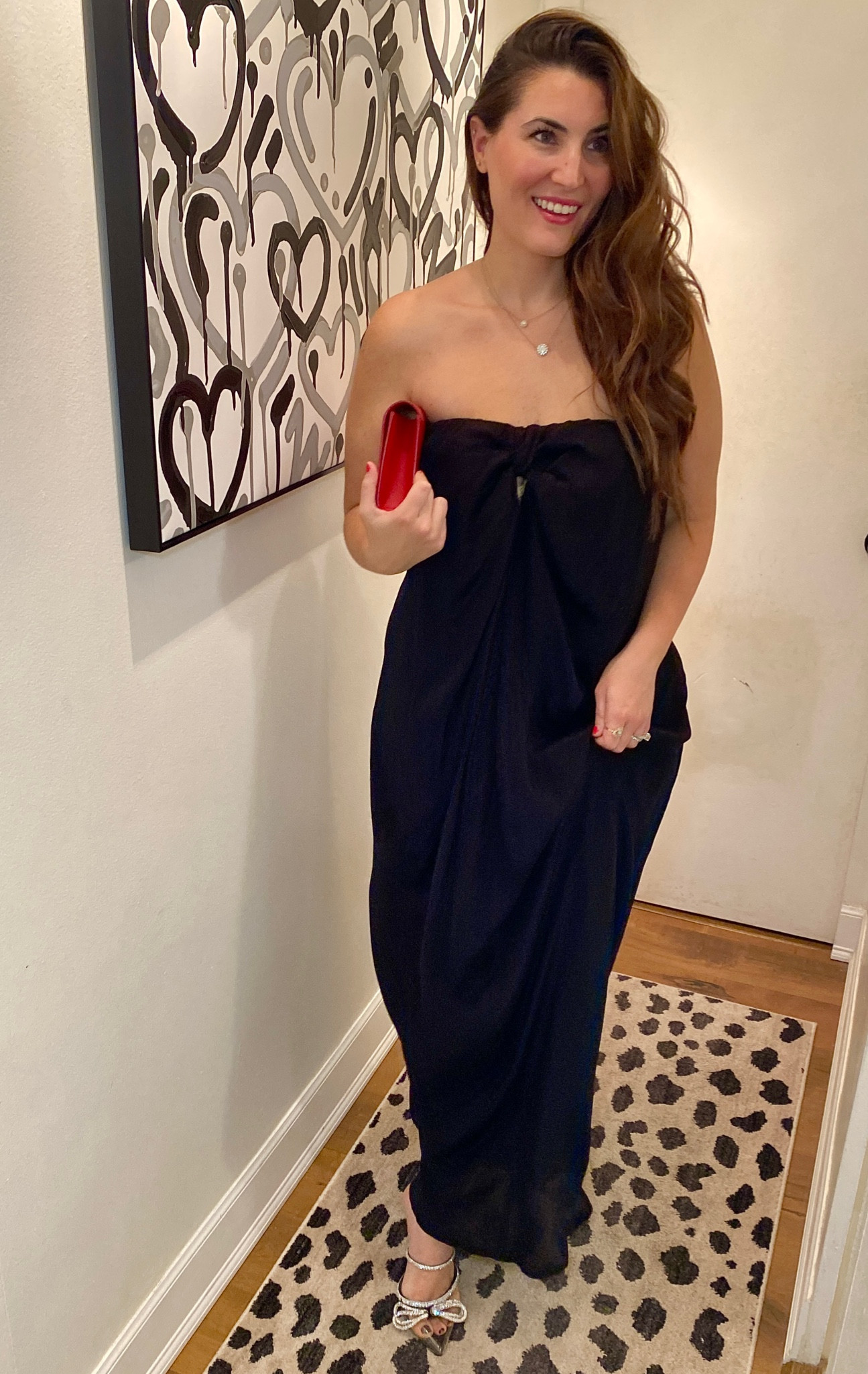 The perfect long black dress!! Seriously the chicest shift dress for any occasion. Paired here with sparkly heels and my red ysl clutch for a date night outfit. Would be great for fancy Christmas and definitely for New Year’s Eve!! Black tie wedding and also roomie for maternity 👌🏼 size down. In a L could do a M. BEST PART: it’s an eco friendly fabric from a sustainable brand!!! 

#reistor #LBD #holidayoutfit #newyearseve #nyeoutfit #blacktiedress #weddingguest 

#LTKWedding #LTKHoliday #LTKMidsize