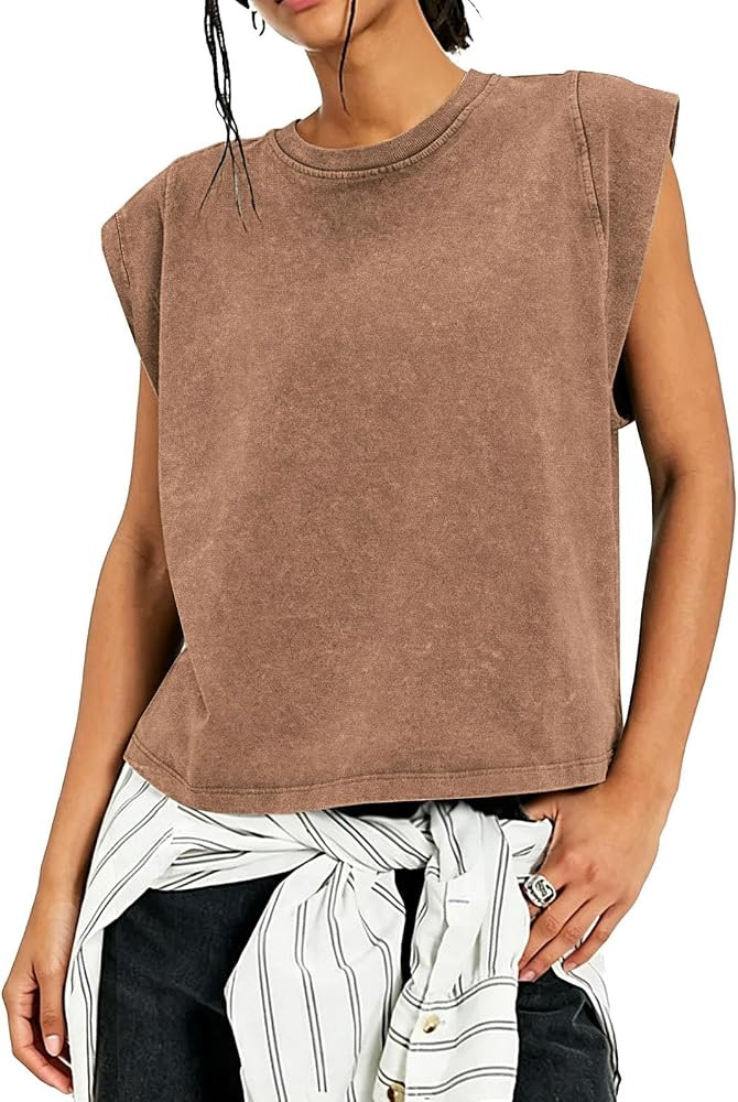 HOTIAN Womens Cotton T-Shirt Acid Wash Cap Sleeve Boxy Tops 2026 Oversized Vintage Summer Crew Ne... | Amazon (US)