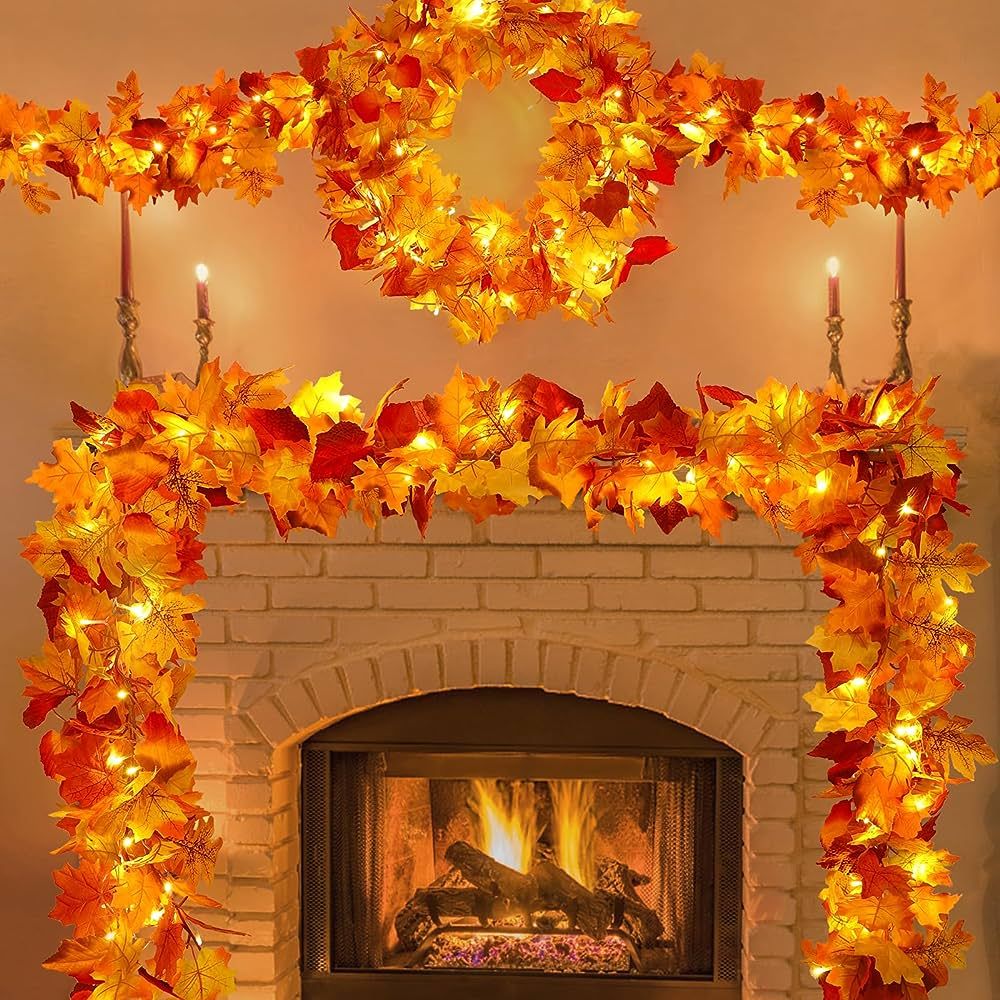 Amazon.com: 2 Pack Fall Decor for Home Thanksgiving Decorations Lighted Fall Garland Maple Leaves... | Amazon (US)