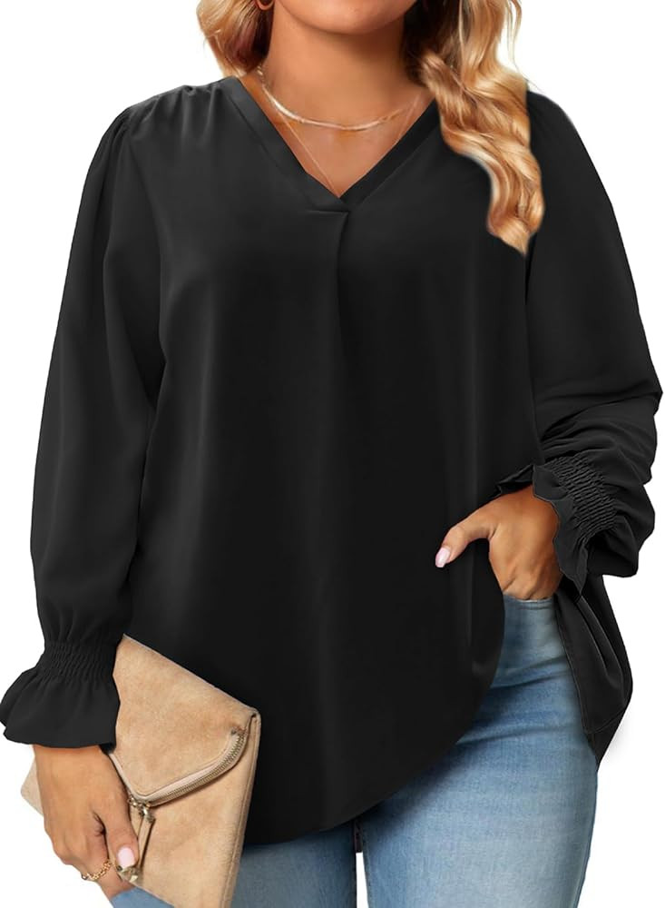 Eytino Plus Size Tops for Women Sexy V Neck Smocked Long Sleeve Blouse Loose Casual Work Shirts(1... | Amazon (US)