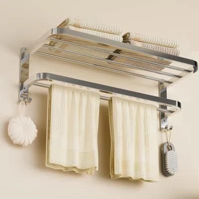 23Inches Towel Racks For Bathroom Towel Shelf With Double Towel Bars Lavatory Wall Mount Holder With Hooks Stainless Steel Hotel Bath Rack (Silver) | Wayfair North America