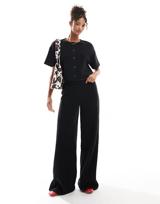 Miss Selfridge soft rib short sleeve cardigan co ord in black | ASOS (Global)
