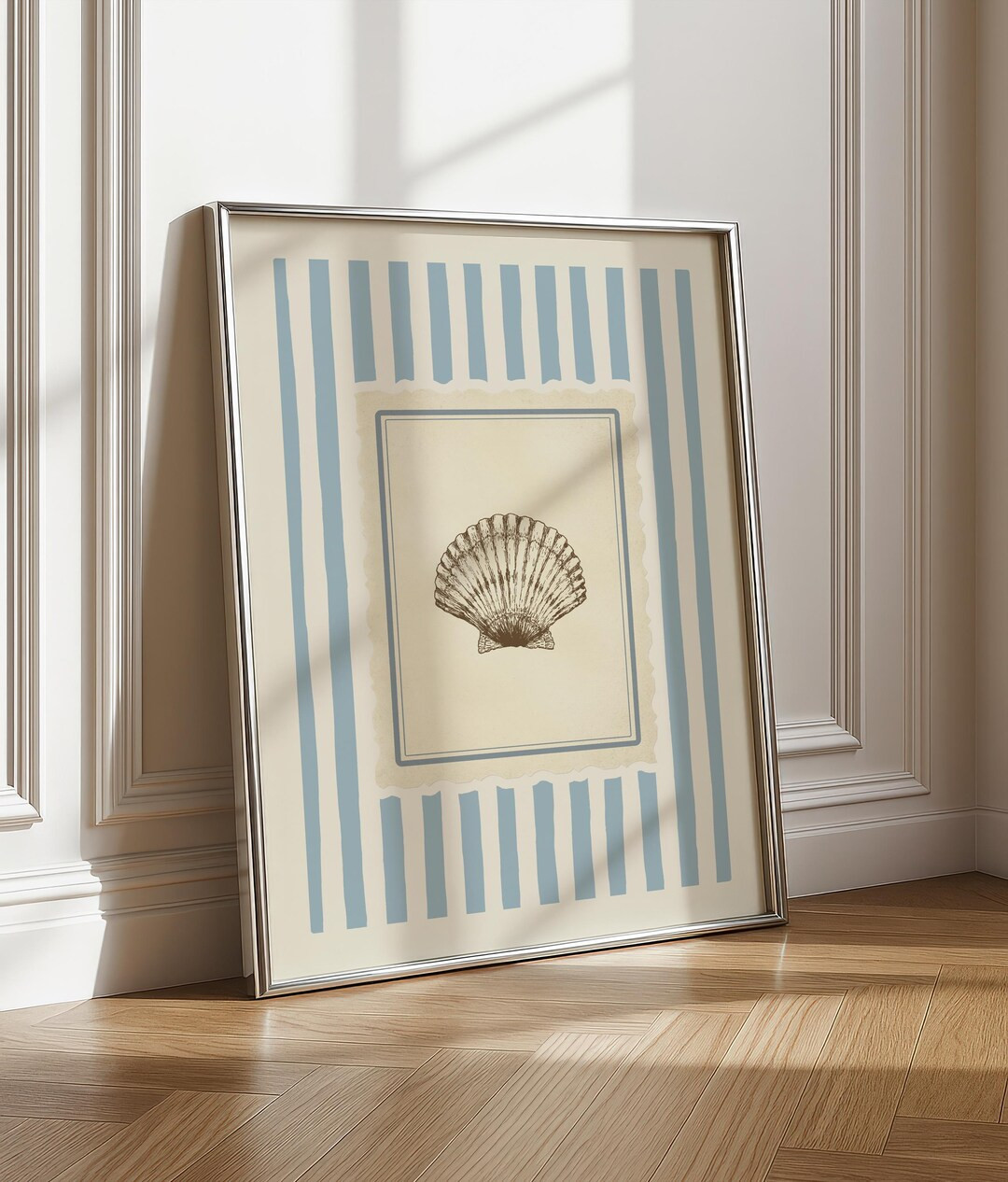Vintage Shell Art Print – Dusty Blue Stripe Coastal Wall Decor, Nautical Seaside Print, Quiet L... | Etsy (US)