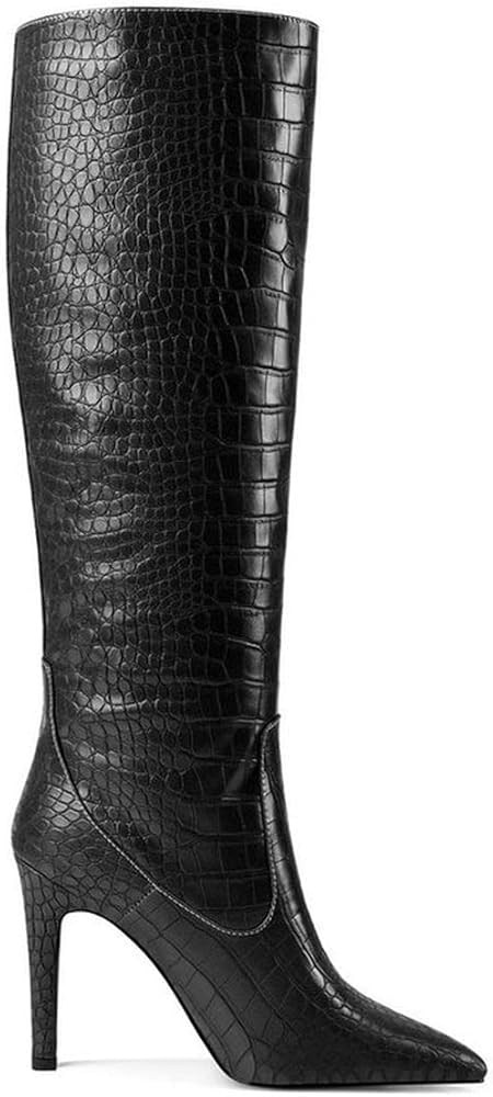 MODENCOCO Women's Pointed Toe Slip On Crocodile Stiletto High Heel Knee High Boots 4 Inch | Amazon (US)