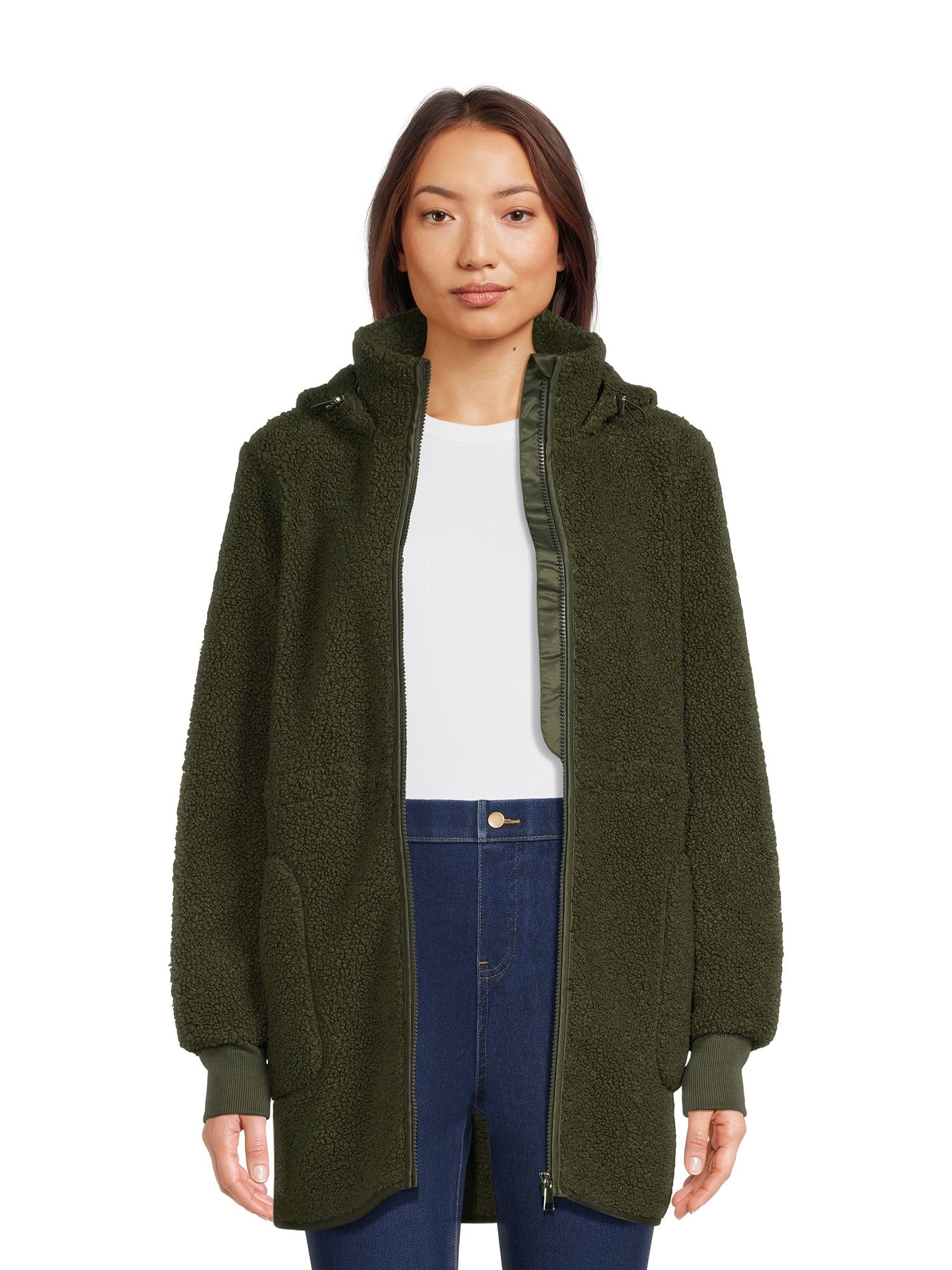 Time and Tru Women’s Faux Shearling Jacket with Hood, Sizes S-2X | Walmart (US)