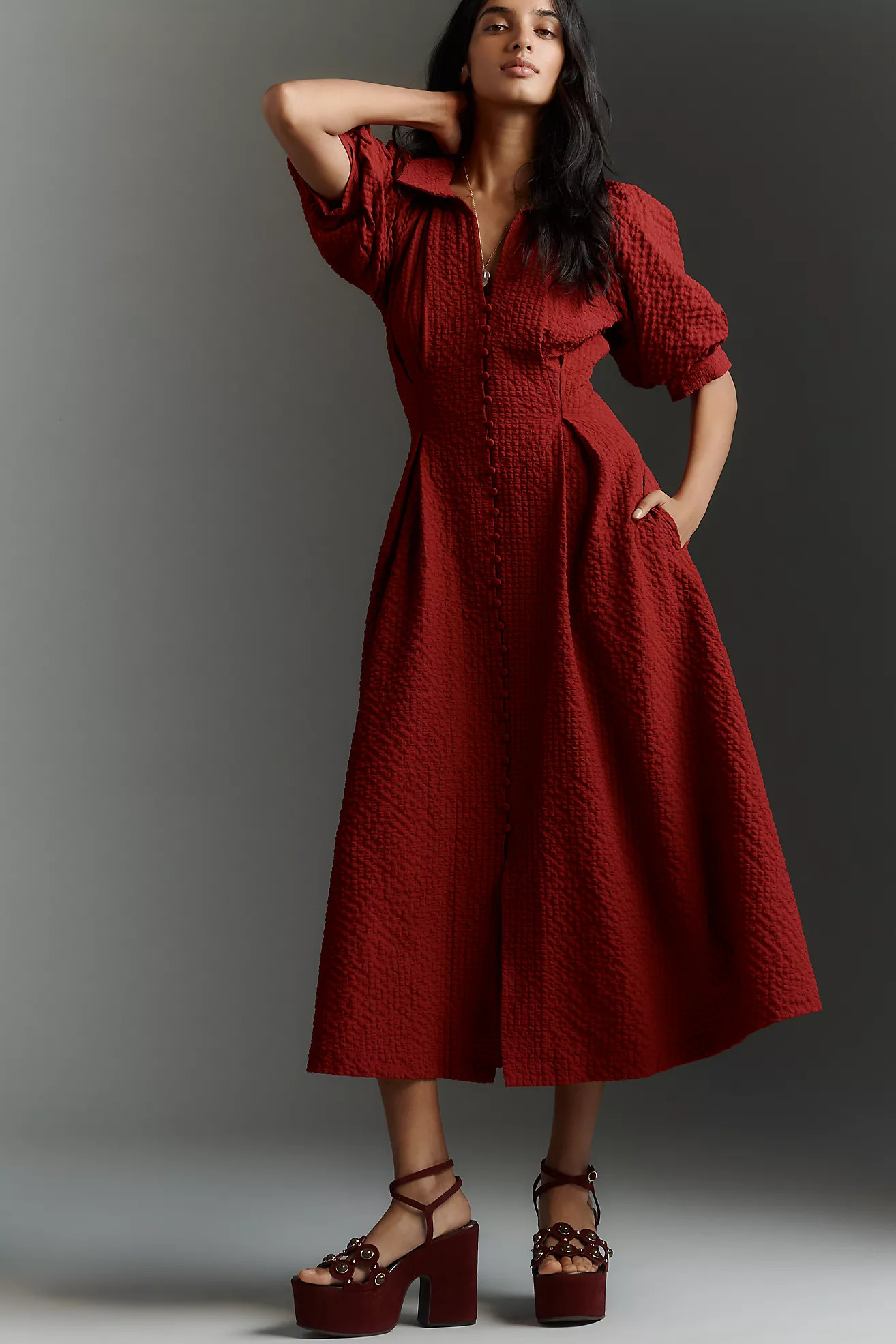 English Factory Puff-Sleeve Textured Midi Shirt Dress | Anthropologie (US)
