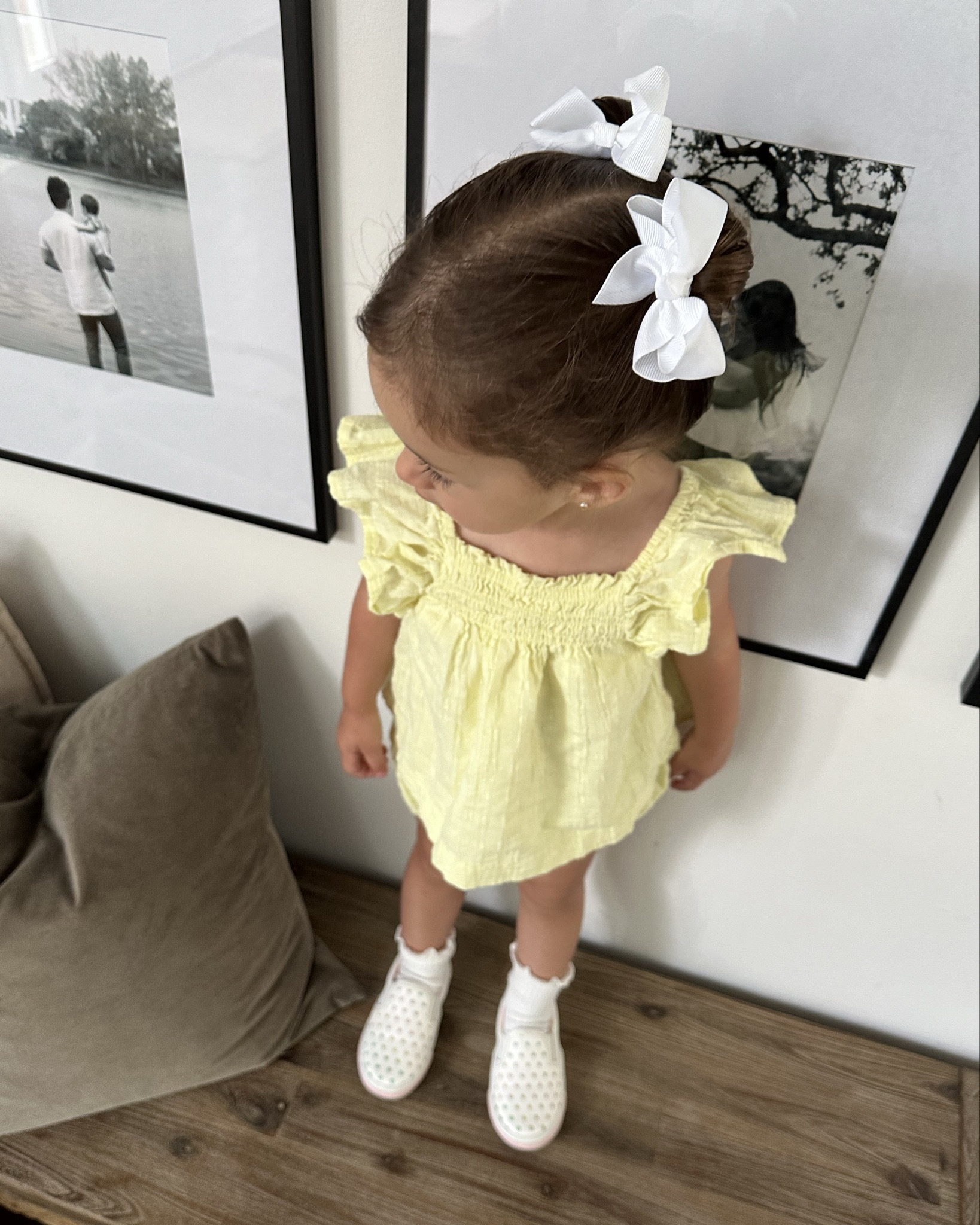 Cute summer outfit for little girls! 2T cat and jack yellow set and cute white shoes from old navy! the bows comes in so many colors, they are amazing. 

#LTKKids #LTKBaby #LTKSummerSales