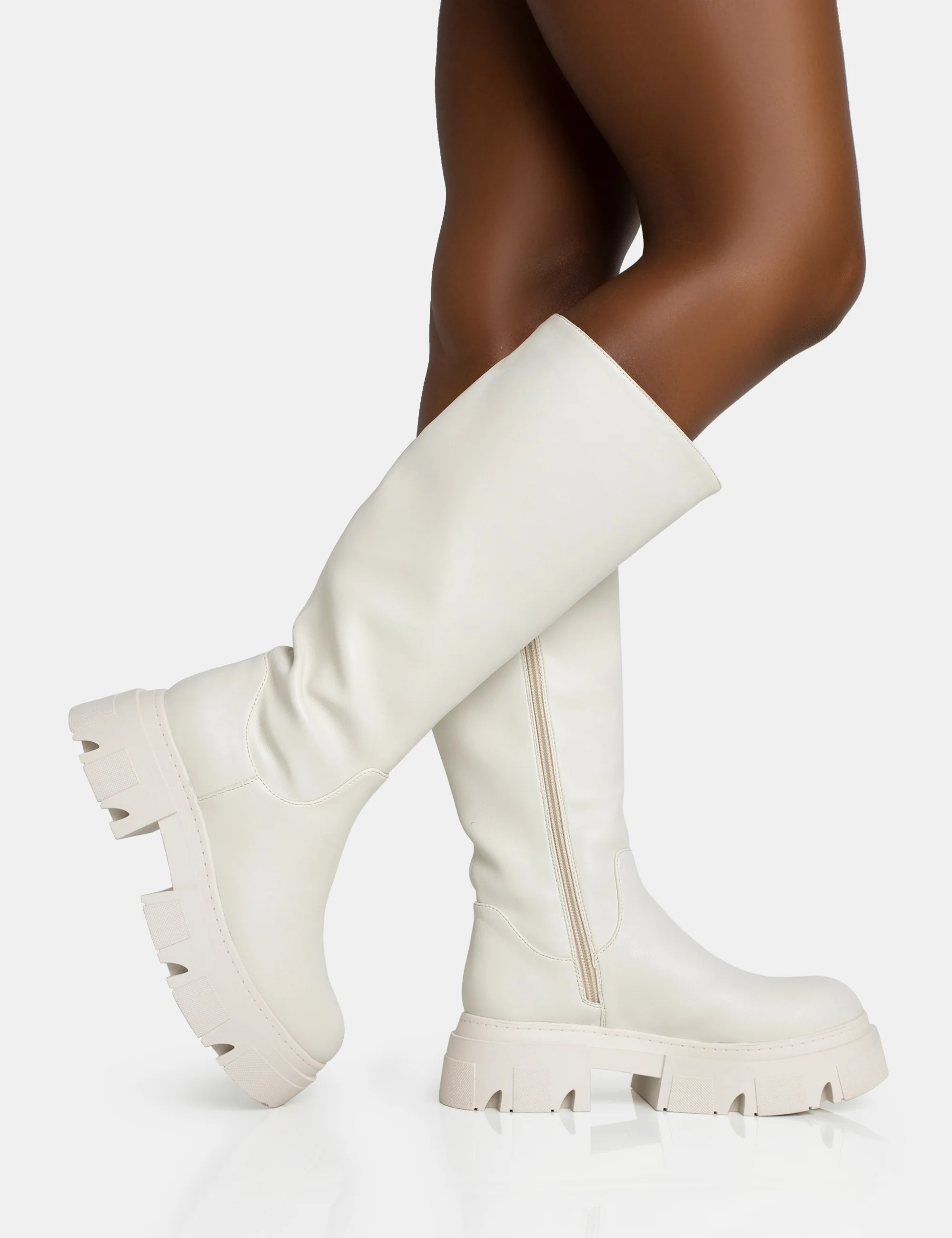 Scorpio Ecru Rubberised Pu Rounded Toe Chunky Sole Knee High Boots | Public Desire