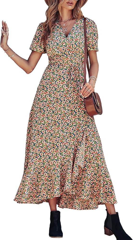 PRETTYGARDEN Womens Summer Wrap Maxi Dress Casual Boho Floral V Neck Short Sleeve Ruffle Hem Spli... | Amazon (US)