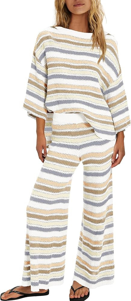 ReachMe Womens Oversized Striped 2 Piece Set Sweater and Wide Leg Pants with Pockets Pajama Loung... | Amazon (US)