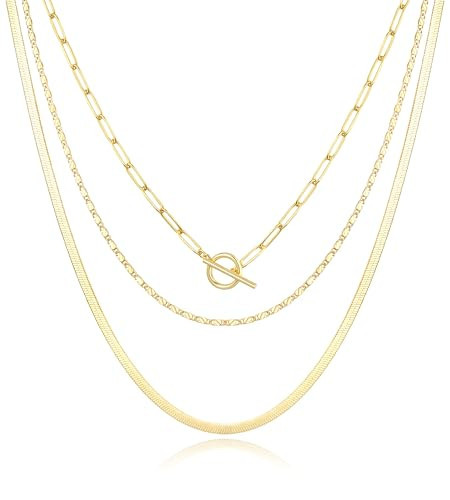 Jewlpire Gold Plated Layered Necklaces for Women, Gold Necklace for Women Herringbone Necklace for Women Chunky 14k Plated Gold Necklace Gold Chain for Women | Amazon (US)