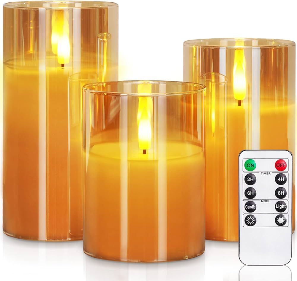 Homemory Amber Glass Flameless Candles, Battery Operated LED Pillar Candles with Remote Control a... | Amazon (US)