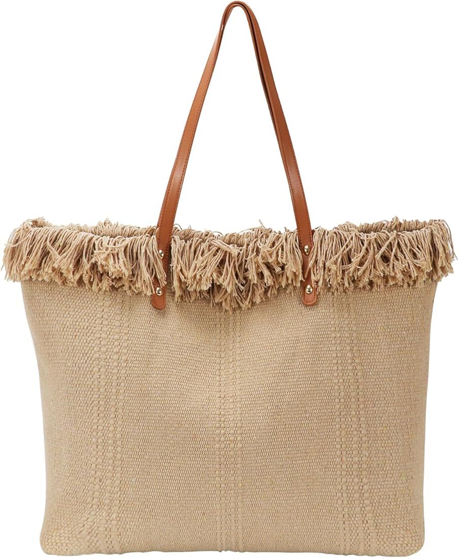Womens Large Capacity Cotton Linen Woven Tote Summer Beach Shoulder Bag Handmade Weaving Handbag ... | Amazon (US)