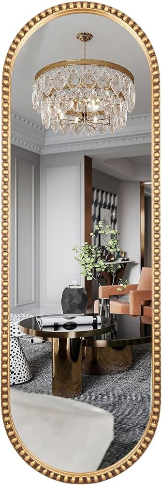 Oval Full Length Mirror, 16"x47" Metal Beaded Frame Mirror for Wall, Large Hanging Dressing Floor... | Amazon (US)