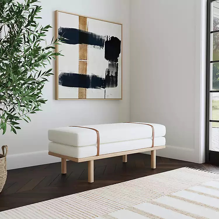 New! Cream Boucle Brown Faux Leather Bench | Kirkland's Home