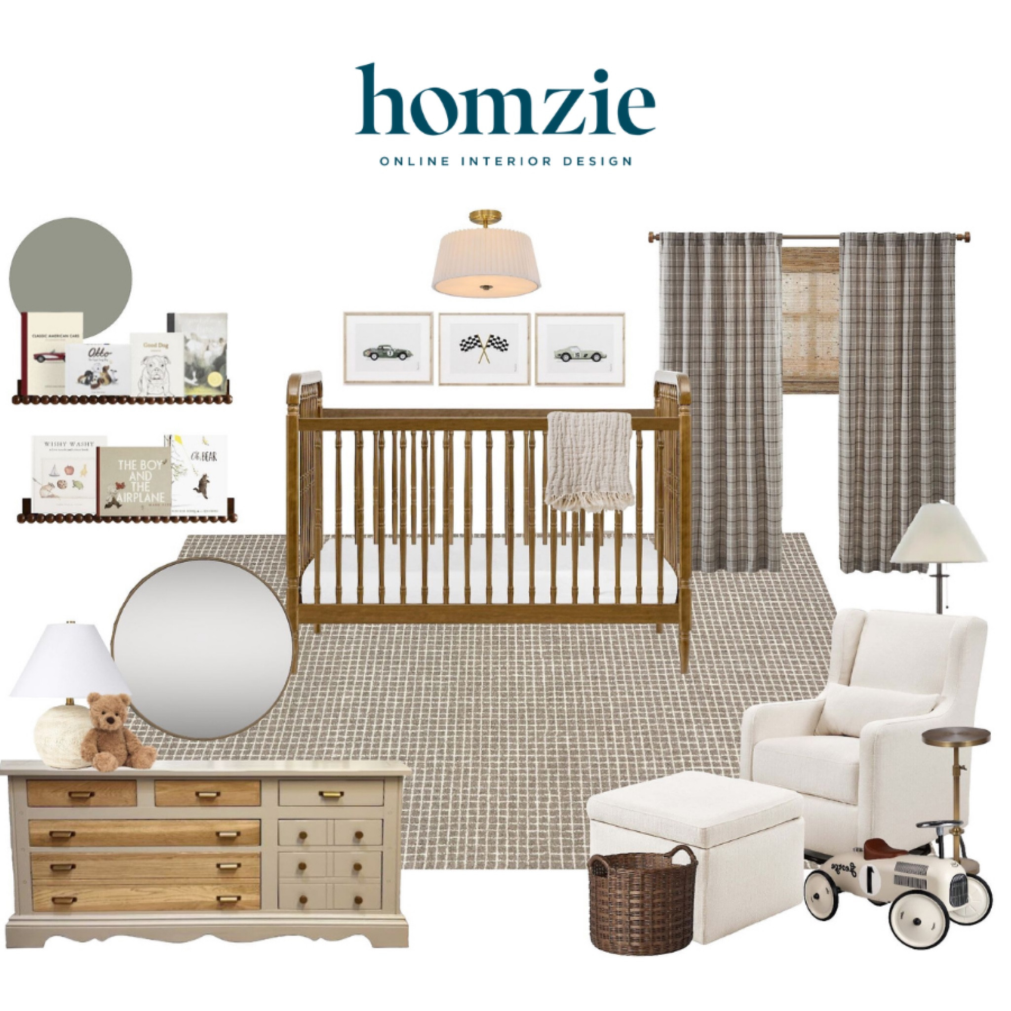 Modern Classic nursery design! We love the brown plaid curtains, spindle crib, brown rug, and cute book ledges! 

#LTKBump #LTKHome #LTKBaby